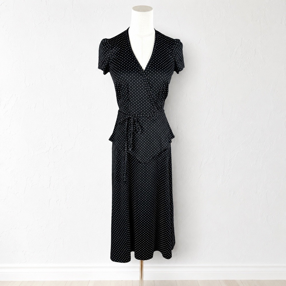 Vintage 70's Polka Dot Peplum Dress Parisian Chic French Girl Dark Academia Sz S